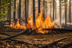 un' foresta fuoco nel il mezzo di un' foresta. ai-generato foto