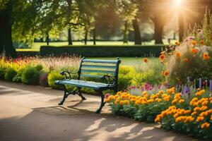 un' panchina nel un' parco con fiori e alberi. ai-generato foto