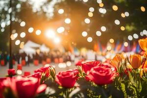 rosso tulipani nel il sole. ai-generato foto