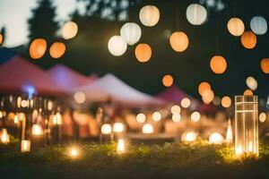 illuminato candele nel il erba a notte. ai-generato foto