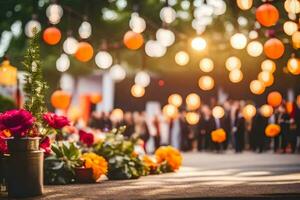 fiori e lanterne nel il sfondo a un all'aperto nozze. ai-generato foto