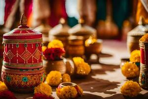 indiano nozze arredamento con colorato pentole e fiori. ai-generato foto