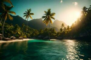 il sole brilla al di sopra di un' tropicale spiaggia con palma alberi. ai-generato foto