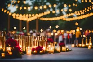 candele e fiori siamo illuminato nel il mezzo di un' folla. ai-generato foto