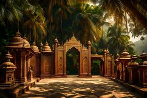 un indiano tempio nel il giungla con palma alberi. ai-generato foto
