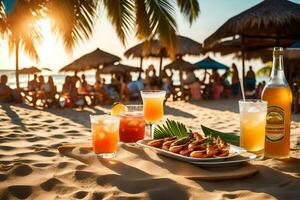 un' tavolo con bevande e cibo su il spiaggia. ai-generato foto