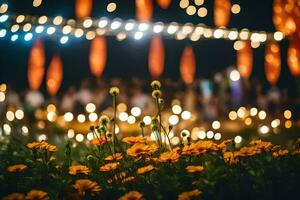 un' gruppo di persone siamo in piedi nel davanti di un' gruppo di arancia fiori. ai-generato foto