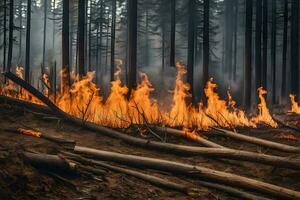 un' foresta fuoco nel il mezzo di un' foresta. ai-generato foto