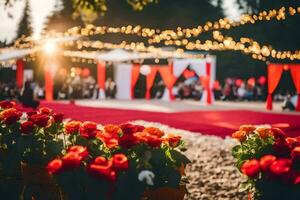 un' rosso tappeto e fiori nel il mezzo di un' giardino. ai-generato foto