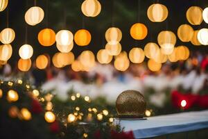 un' tavolo con luci e un' d'oro sfera. ai-generato foto