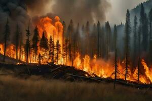 un' foresta fuoco è ardente nel il montagne. ai-generato foto