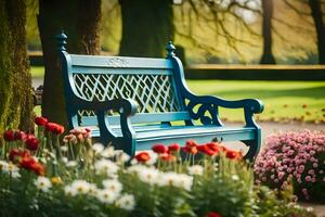 un' blu panchina si siede nel un' parco circondato di fiori. ai-generato foto