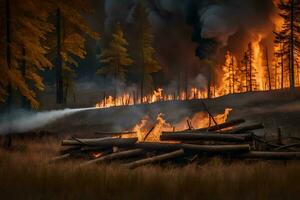un' fuoco è ardente nel il foresta con logs e alberi. ai-generato foto