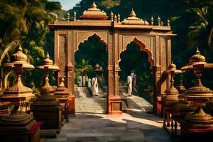 il Ingresso per un' tempio è circondato di oro e di legno pilastri. ai-generato foto