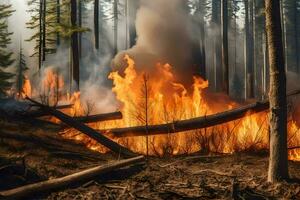 un' foresta fuoco è ardente nel il mezzo di un' foresta. ai-generato foto