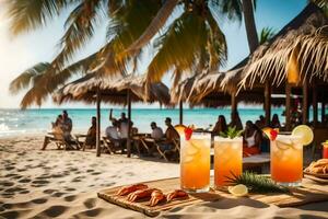 un' tavolo con bevande e cibo su il spiaggia. ai-generato foto