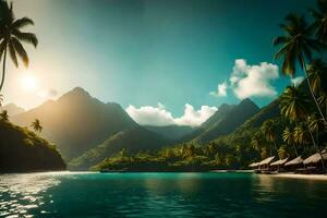il sole brilla al di sopra di un' tropicale isola con palma alberi e capanne. ai-generato foto