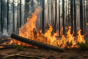 un' foresta fuoco è ardente nel il mezzo di un' foresta. ai-generato foto