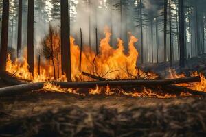 un' foresta fuoco nel il mezzo di un' foresta. ai-generato foto