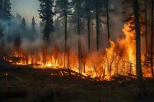 un' foresta fuoco è ardente nel il mezzo di un' foresta. ai-generato foto