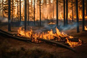 un' foresta fuoco nel il mezzo di un' foresta. ai-generato foto