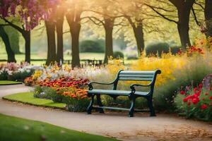 un' parco panchina nel un' giardino con fiori. ai-generato foto