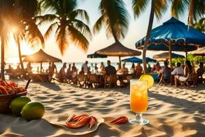 un' bevanda e un' cestino di frutti di mare su il spiaggia. ai-generato foto