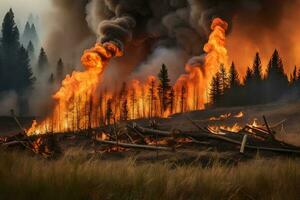 un' foresta fuoco è ardente nel il mezzo di un' campo. ai-generato foto