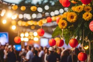 un' gruppo di persone a un all'aperto evento con lanterne e fiori. ai-generato foto