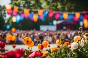 un' folla di persone a un' Festival con colorato fiori. ai-generato foto