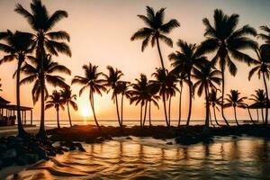 palma alberi su il spiaggia a tramonto. ai-generato foto