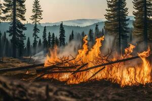 un' foresta fuoco nel il montagne. ai-generato foto