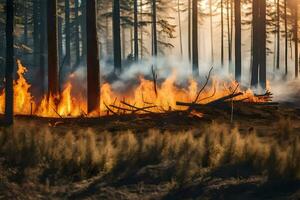 un' foresta fuoco nel il mezzo di un' campo. ai-generato foto