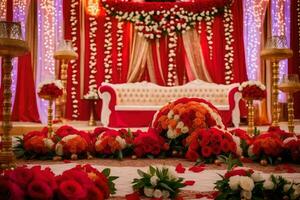 un' rosso e bianca nozze palcoscenico decorato con fiori. ai-generato foto