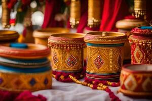 indiano nozze arredamento con colorato pentole e ciotole. ai-generato foto