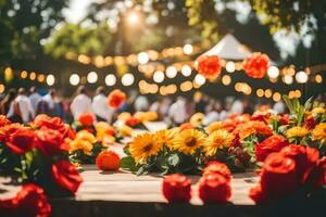 fiori siamo disposte su un' tavolo a un all'aperto nozze. ai-generato foto