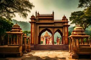 un' bellissimo tempio nel India con persone a piedi intorno a. ai-generato foto