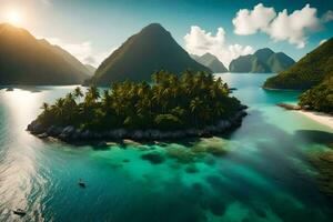 un isola circondato di montagne e acqua. ai-generato foto