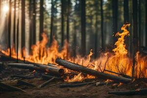 un' foresta fuoco nel il mezzo di un' foresta. ai-generato foto