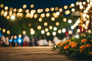 un' fiore preparativi è nel davanti di un' corda di luci. ai-generato foto