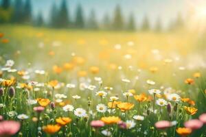un' campo di fiori selvatici con il sole splendente nel il sfondo. ai-generato foto