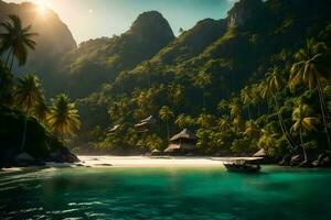 tropicale isola con palma alberi e un' barca. ai-generato foto