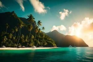 un' tropicale spiaggia con palma alberi e montagne. ai-generato foto