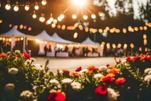 un' fiore giardino con luci e fiori. ai-generato foto