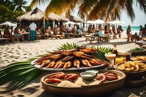 un' buffet di cibo su il spiaggia. ai-generato foto