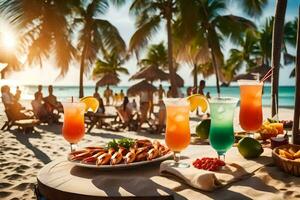 spiaggia bar con bevande e cibo su il spiaggia. ai-generato foto