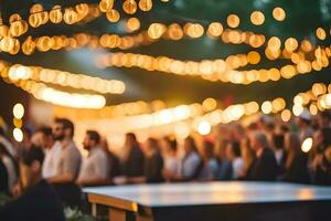 un' folla di persone a un' nozze ricezione con luci. ai-generato foto