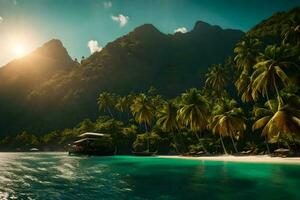 tropicale isola con palma alberi e un' barca nel il acqua. ai-generato foto