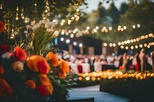 un' nozze ricezione con arancia fiori e corda luci. ai-generato foto