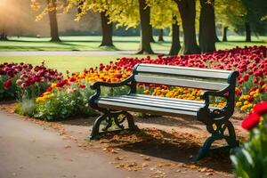 un' parco panchina nel davanti di un' campo di tulipani. ai-generato foto